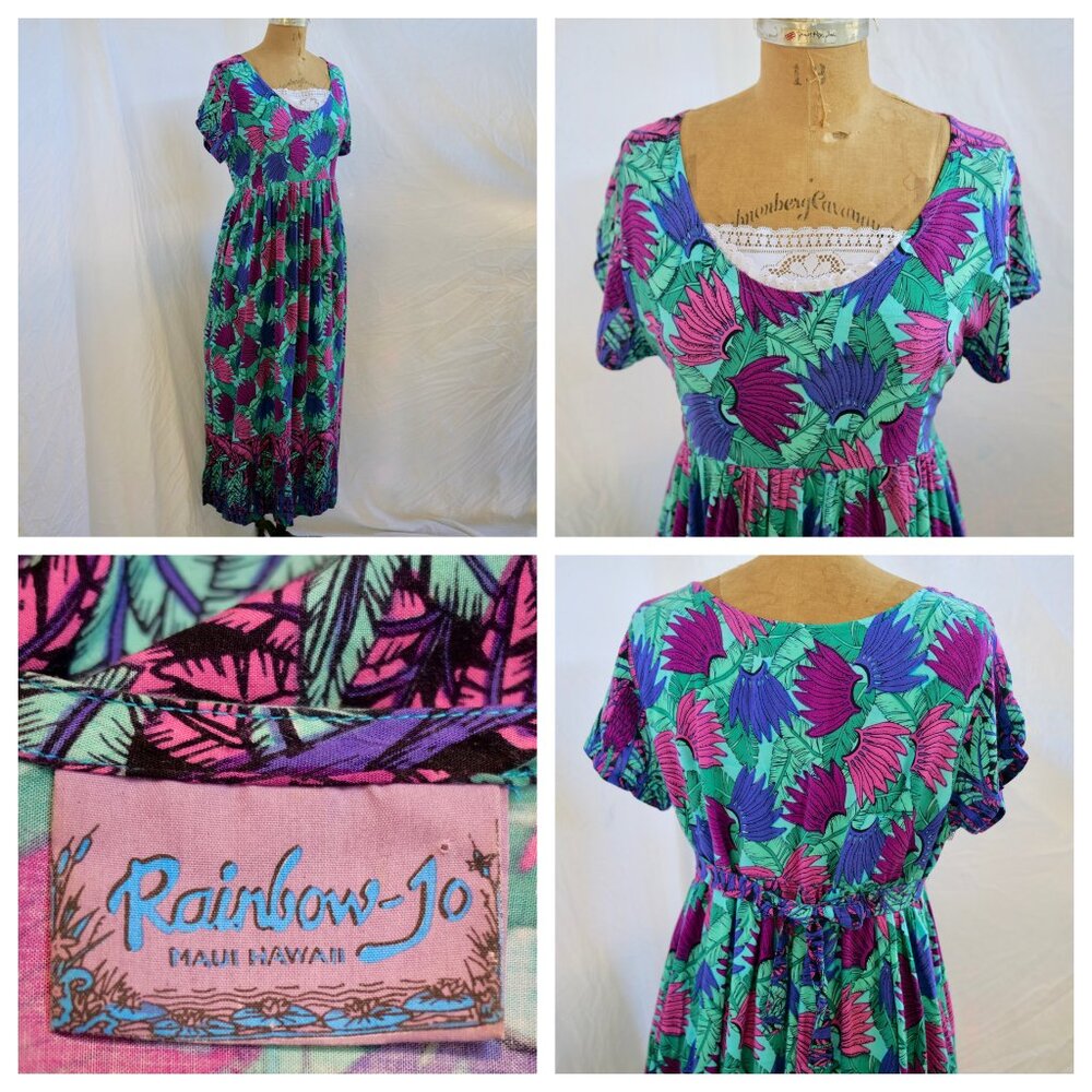 vtg RAINBOW JO Mod Floral Hawaiian Tie Back Maxi Dress Festival Hippie M Y2K EUC